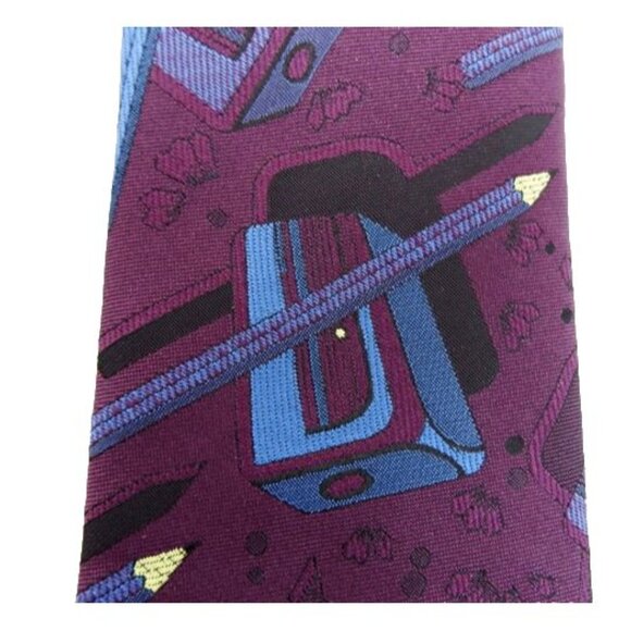 Back To School Teacher Tie Maroon Blue Pencil Vintage Necktie - Picture 2 of 4